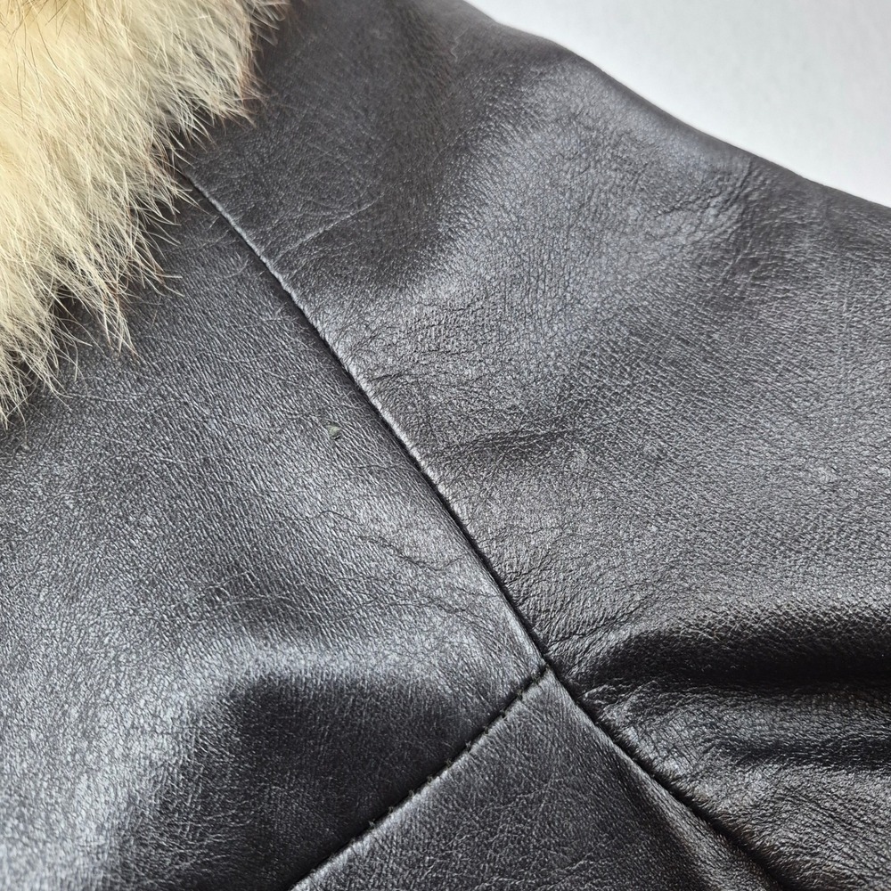 Vintage Black Leather Trench Coat Genuine Fur Collar Cuffs Size 14 Mid Length - Picture 14 of 16